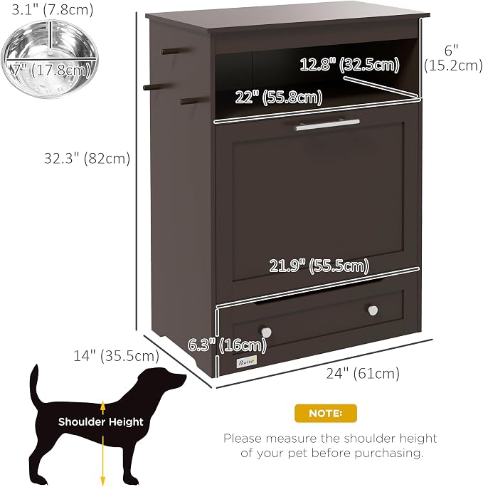 PawHut Dog Feeding Station with Raised Bowls, Pet Feeder Station, Brown | Dog Food Storage Cabinet, Hanger for Feeding & Watering Supplies - Image 7