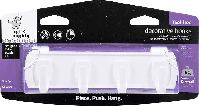 HIGH & MIGHTY 515304 Key Rail Organizer Hook Rail, Easy Tool-Free Dry Wall Installation, Holds up to 5lbs, Small, White & White - Image 4