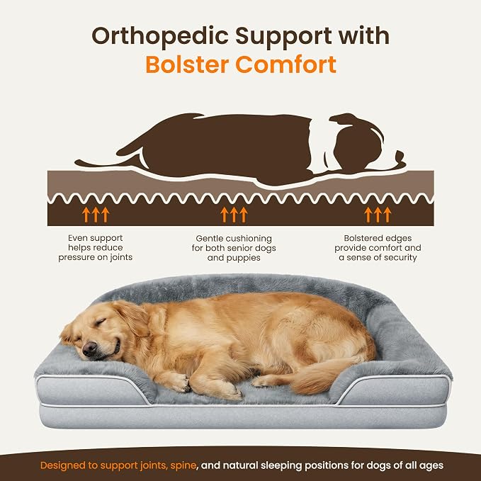 Orthopedic Dog Bed for Giant Breeds, 48"x35" XXL Large Dog Sofa Bed | Egg Crate Foam for Pressure Relief, Cozy Bolster Sofa Design, Waterproof Removable Washable Cover, Non Slip Bottom Light Grey - Image 3