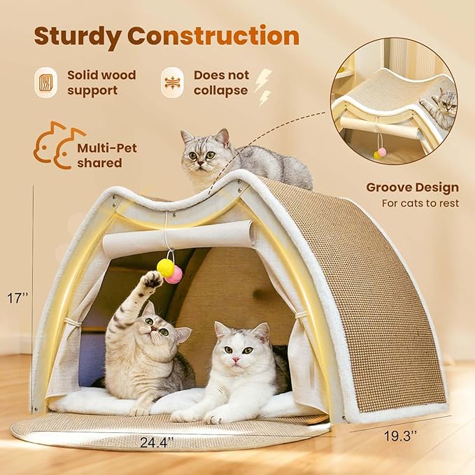Cat Houses for Indoor Cats - Large Cat Bed Cave with Natural Sisal Cat Scratcher Mat, Solid Wood Frame Cat House with Curtains and Cat Floor Scratching Pad Rug, Protect Couch and Carpets, L - Image 3
