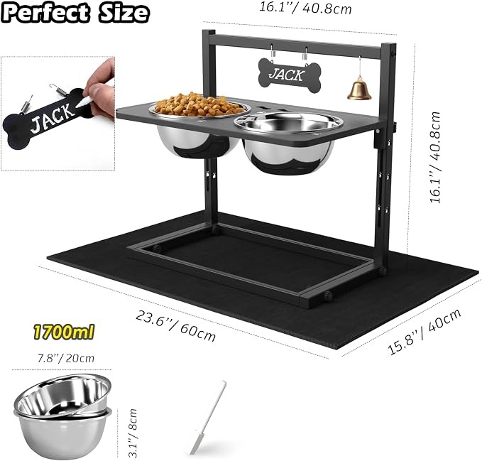 SHAINFUN Elevated Dog Bowls with Mat, Adjustable Height 4.3''-11.8'', Metal Stand, Two 1.7L Stainless Steel Food & Water Bowls for Large, Medium Dogs - Image 3