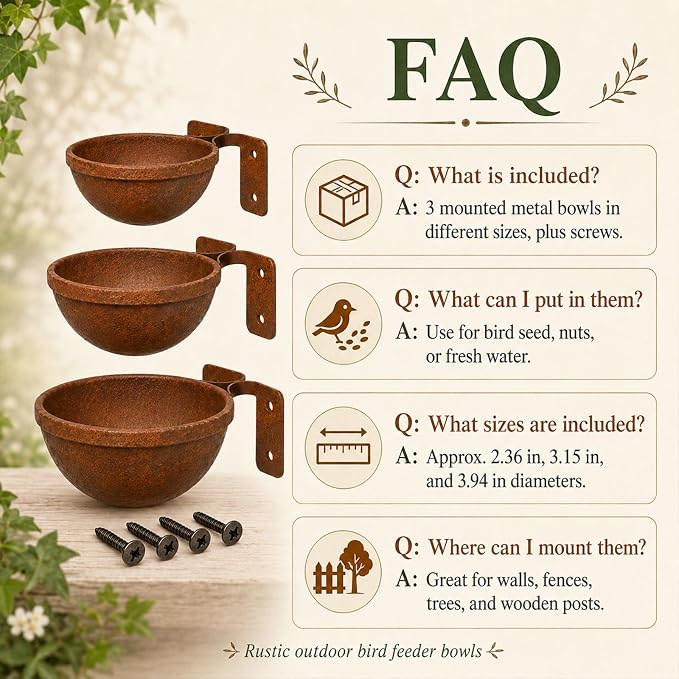 Rustic Wall Mounted Bird Feeder Bowls 3 Pack, Metal Bird Bath & Bird Seed Bowls for Wall, Fence or Tree, Vintage Outdoor Bird Water Feeder Set with Screws for Garden Decor - Image 5