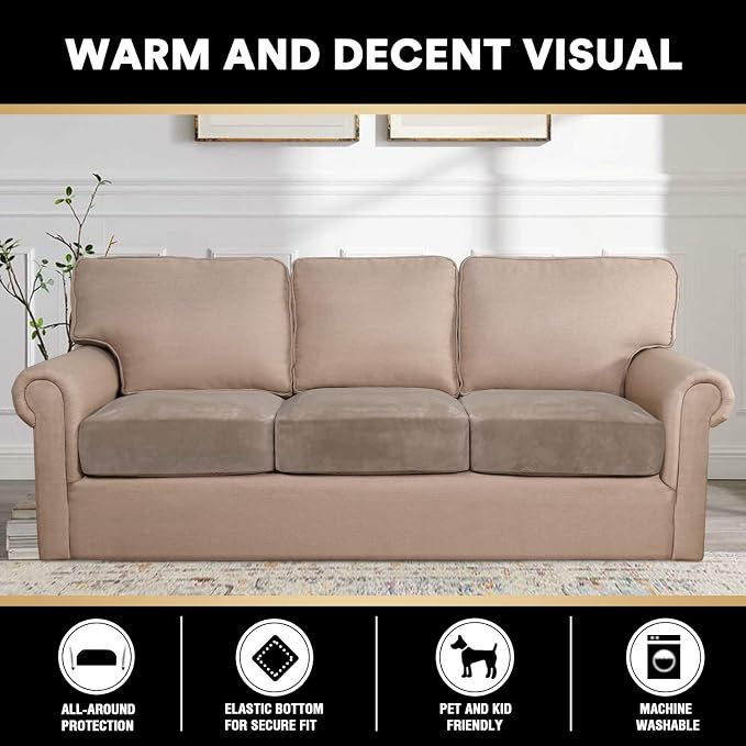 PrinceDeco Velvet Stretch Couch Cushion Cover Soft Cushion Slipcover for Chair Loveseat Sofa Furniture Protector Seat Cushion Sofa Cover (Each Width Up to 29.5", Taupe) - Image 3