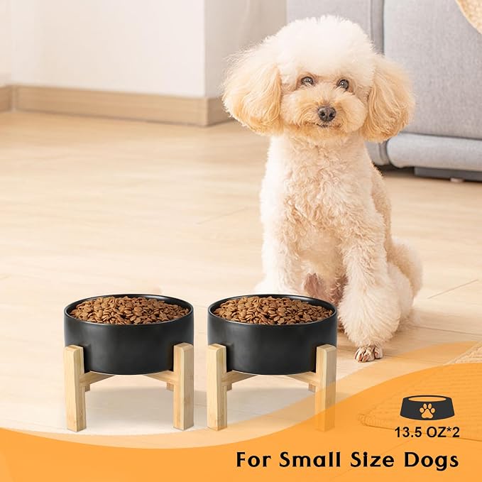 SPUNKYJUNKY Ceramic Elevated Dog Bowls 2 Pack - 5.1inch Raised Dog Bowls with Non-Slip Wooden Stand for Small Dogs Dishwasher Safe(Black,13.5OZ*2) - Image 7