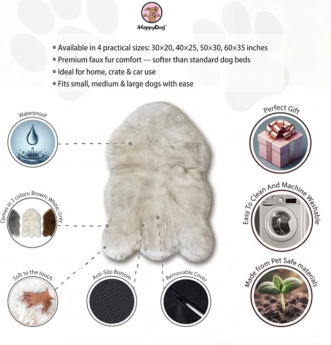 Faux Fur Orthopedic Dog Bed, Memory Foam, White w/Brown Tips 30"x20" | Plush Washable Dog Rug with Waterproof Machine Washable Cover, Calming for Anxious Senior Dogs, Relieves Joints - Image 5
