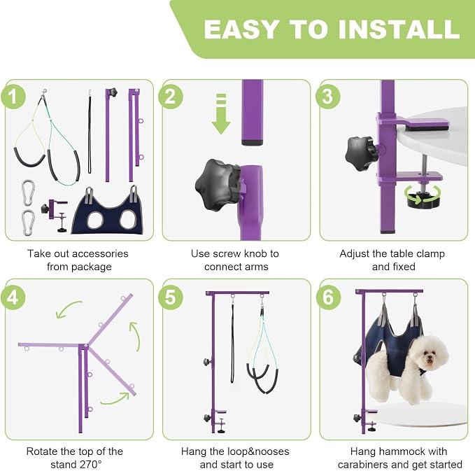 Home Dog Grooming Table Arm with Hammock 35" Height Adjustable Dog Grooming Arm with Clamp No-Sit Haunch Holders Durable Purple(Grooming Table Not Included) - Image 7