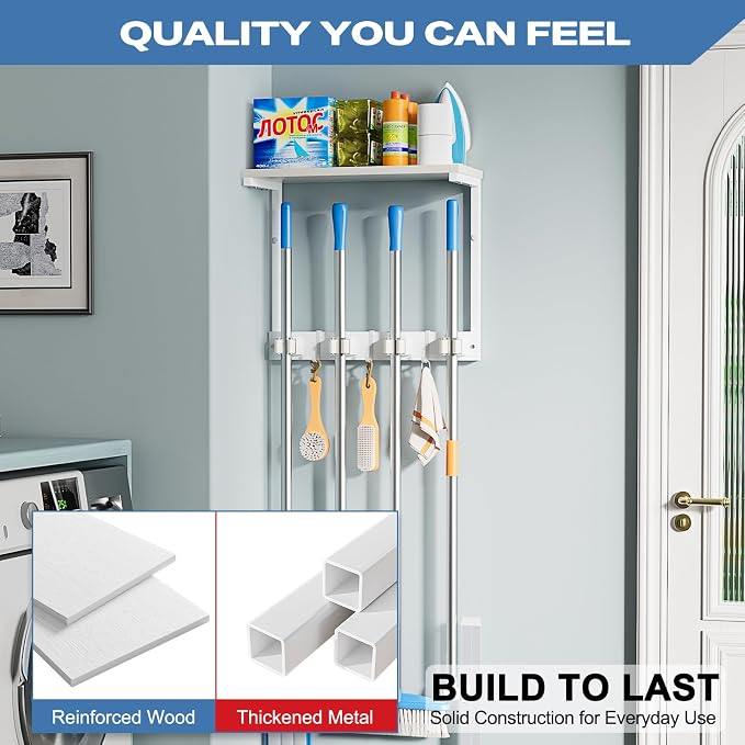 Olakee Broom Holder Wall Mount with Cleaning Supplies Organizer, Laundry Room Organization and Storage Shelves, Mop Hanger Rack with Hooks, Utility Shelf Closet Organizer for Garage Home Improvement - Image 7