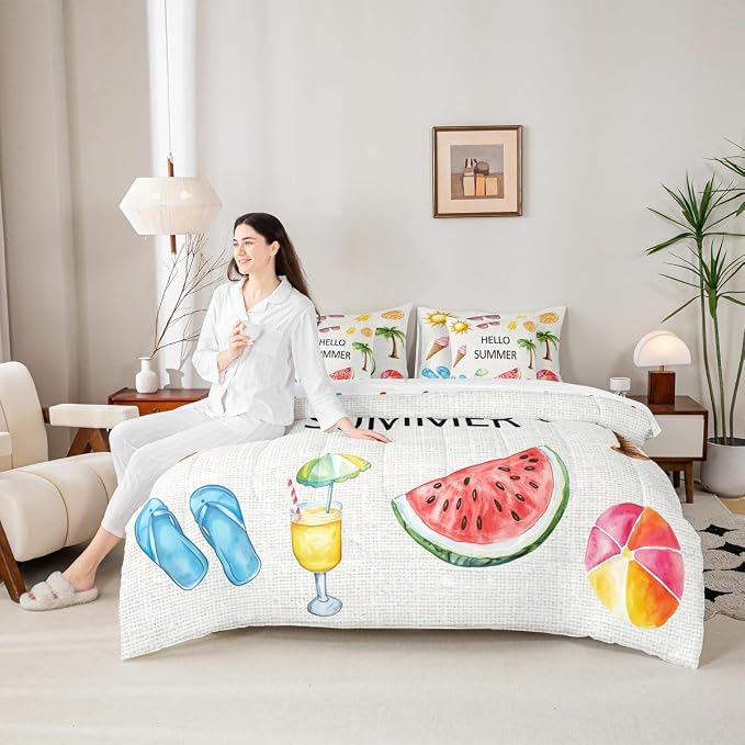 Erosebridal Kids Tropical Beach Comforter Set with Sheets King, Watercolor Coconut Tree Bed in A Bag for Girls Boys Teens Women Bedroom, Summer Fruit Watermelon 7 Pcs Bedding Set, Ice Cream Bed Sets - Image 6