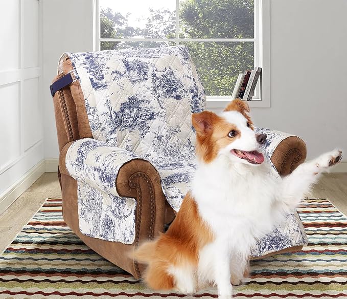 Brilliant Sunshine Blue Toile Couch Recliner Cover, Beige Ivory, 28" seat | Non Slip Sofa Cover, Quilted Furniture Protector, Large Washable Reclining Chair Slipcover for Pets, Dogs & Cats by BrilliantSunshine