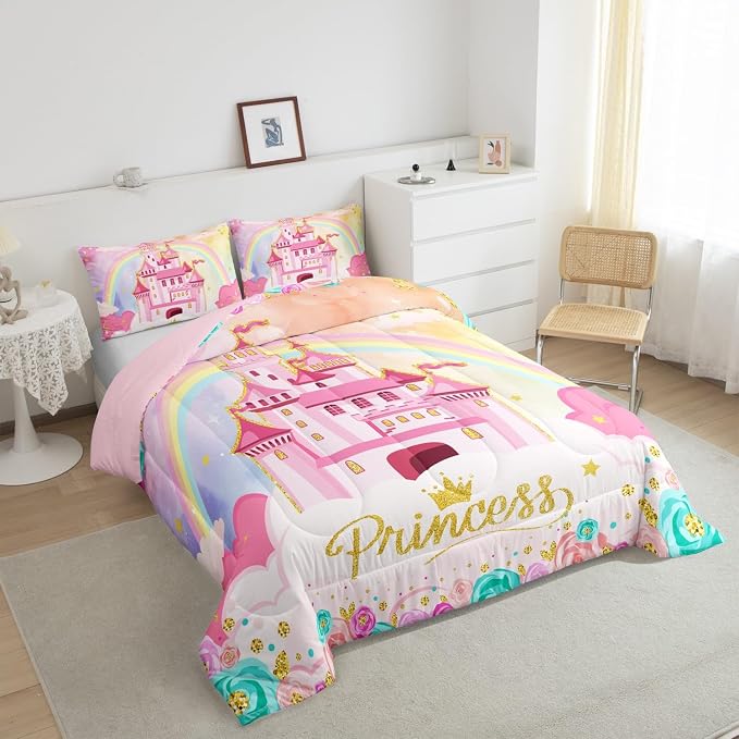 Princess Comforter Set King Size 3 Pcs,Fairy Tale Starry Rainbow Sky Glitter Bedding Set,Flowers Garden Princess Castle Fantasy Quilt Set for Adults Bedroom,Dreamy Pink Duvet Insert,2 Pillowcases - Image 3