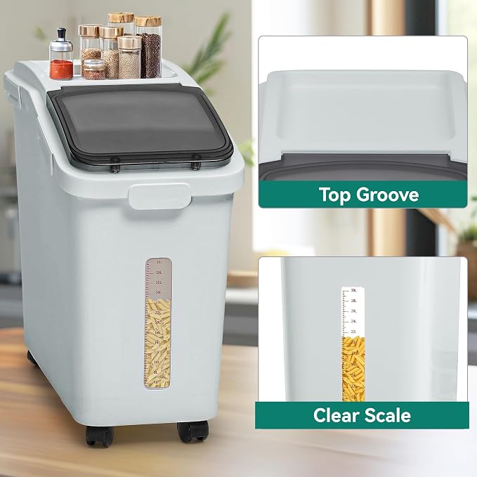 YITAHOME Ingredient Storage Bin, Large Commercial Rice Container with 11.4 Gallon Capacity, Bulk Flour Bin with Wheels, Scoop, Lid, and Scale for Kitchen,2count, Grey - Image 7