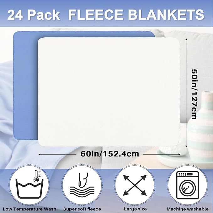 Newwiee 24 Pcs Bulk Fleece Throw Blankets 50'' x 60'' Oeko-tex Standard 100 Certified for Outdoor Wedding Guest Blankets Donation Homeless Sleepover Lap Pet Sofa, All Seasons Use (Mist Blue/White) - Image 2
