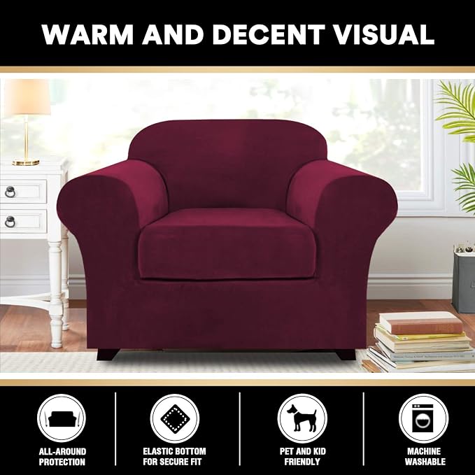 PrinceDeco Velvet Plush Couch Cover Stretch 2 Piece Chair Cover Chair Slipcover Washable Furniture Protector Couch Soft with Elastic Bottom Armchair Cover Width Up to 49 Inch(Small, Burgundy) - Image 6