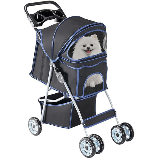 DUMOS 4 Wheels Pet Stroller for Small Dogs and Cats – Foldable Dog Stroller with Mesh Windows, Storage Basket & Cup Holder, Lightweight & Durable Pet Carrier for Travel, Outdoor Use – Black