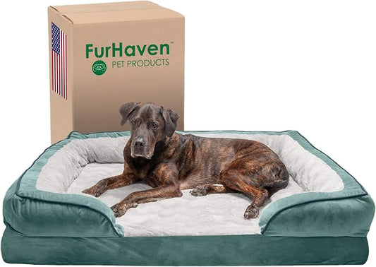 Furhaven Orthopedic Dog Bed for Large Dogs w/ Removable Bolsters & Washable Cover, For Dogs Up to 125 lbs - Plush & Velvet Waves Perfect Comfort Sofa - Celadon Green, Jumbo Plus/XXL by FurHaven