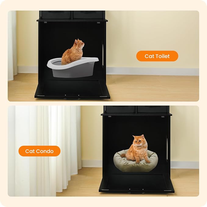 DWANTON Litter Box Enclosure with 3 Storage Shelves and 2 Drawers, 2-in-1 Hidden Cat Litter Box Enclosure Furniture with Shelf, Reversible Entrance, Washable Drawers, 61.8-Inch, Black - Image 6