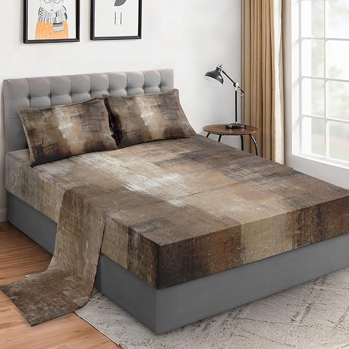 WeCozy Full Size Bed Sheet Sets with Pillowcases, Brown Grey Painting 4 Pcs Soft Microfiber Bedding for Kids and Adults, Beige Contemporary Flat, Fitted Sheet for Bedroom Bed Decor by WeCozyHomeDecor