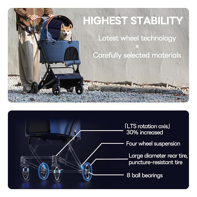 【One-Pull Open Ver.】 PETTENA One-Touch Foldable Dog Stroller for Small Dogs Cats up to 44 Lbs, Cat Stroller for 2 Cats, Large Space, Black (Navy Blue)
