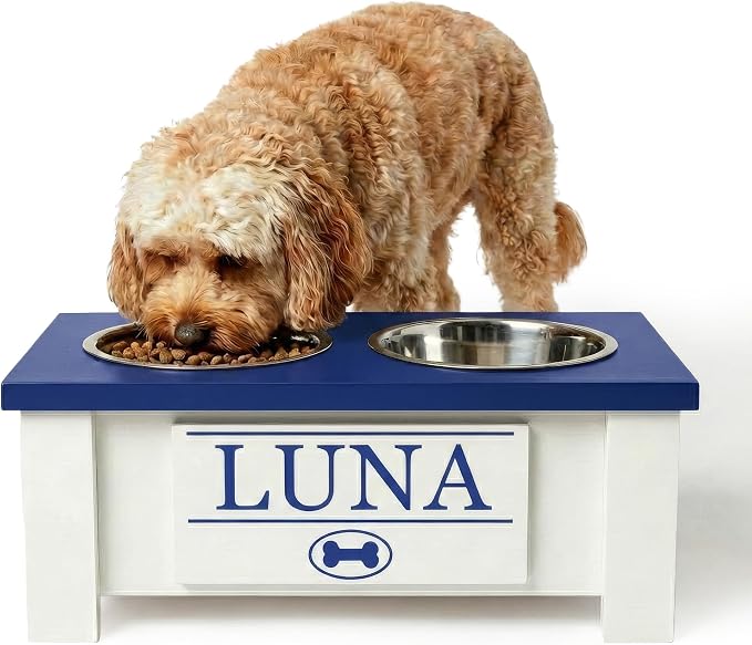 Elevated Dog Bowls for Small Dogs, Personalized Food Stand for Small Breed | Farmhouse Style, Elevated Wood Stand, Storage Container, Stainless Steel Bowls, Raised Anti-Slip Feeder, Made in USA by GrooveThisWoodshop