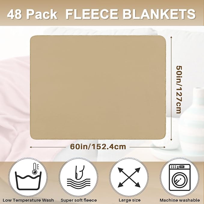 Newwiee 48 Pcs Bulk Fleece Throw Blankets 50'' x 60'' Oeko-tex Standard 100 Certified for Outdoor Wedding Guest Blankets Donation Homeless Sleepover Lap Pet Sofa, All Seasons Use (Khaki) - Image 2