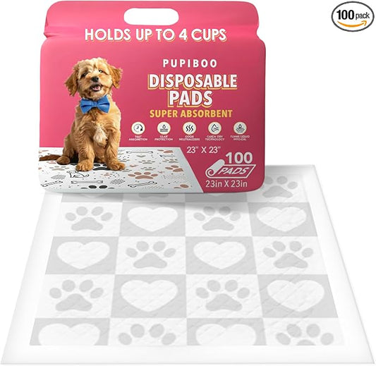 Pupiboo Disposable Dog and Cat Training Pads (100 Count) – 23x23 in Highly Absorbent Pee Pads, Leak Proof Backing, Pheromonal Attractant for Housebreaking and Indoor Potty Training by PUPIBOO