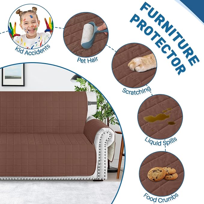MAXIJIN Waterproof Couch Covers for 3 Cushion Couch Sofa Pet Friendly, 69" Quilted Sofa Covers Washable Dog Couch Cover Protector with Elastic Strap & Side Pocket (Sofa, Coffee) - Image 7
