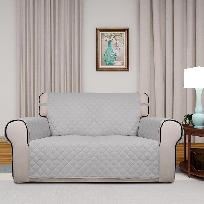 PureFit Reversible Quilted Couch Covers for Dogs Loveseat Sofa Cover 46.5” | Light Gray/Light Gray, Water Resistant Couch Protector, Washable Pet Couch Cover with Non Slip and Elastic Straps For Kids - Image 2
