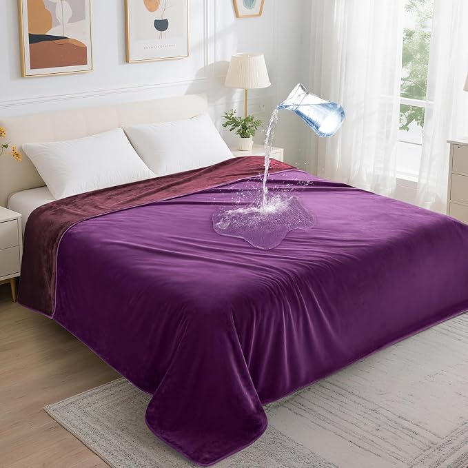 LOOBANI Waterproof Blanket for Queen Bed, Reversible Purple Flannel 80"x90" | Waterproof Dog Blankets for Large Dogs, Spill-Proof Couch Cover for Family Movie Nights, Camping, Travel, Noise Free by LOOBANI