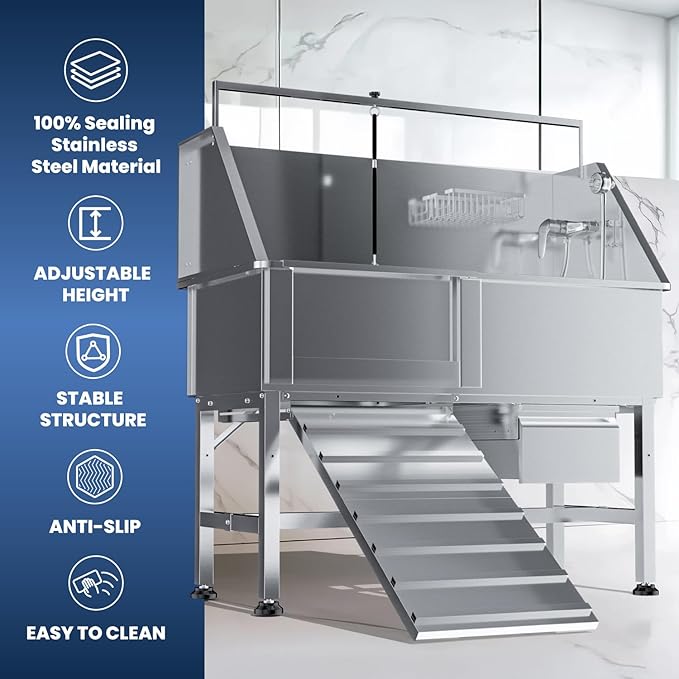Dog Washing Station for Home,46" Stainless Steel Dog Bathing Station Height Adjustable Dog Washing Station for Home Dog Grooming Tub Ramp, Drawer, Floor Grate & Fauct - Image 5
