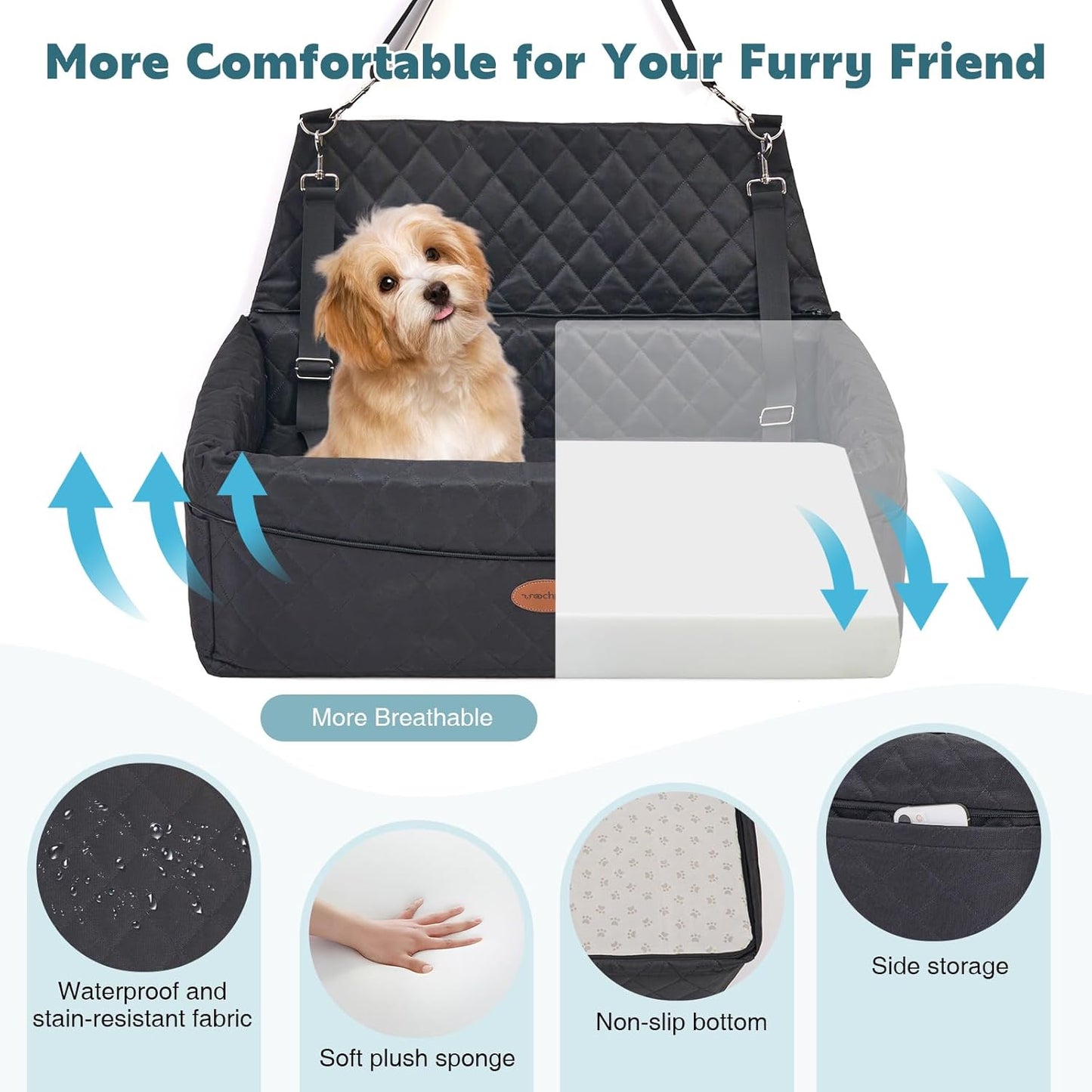 Dog Car Seat for Large/Medium Pet, Anti Slip Bottom Dogs Booster Seat for All Seasons,Pet Travel Bed with Thick Dog Sofa Cushion,2 Safety Leashes(Black)
