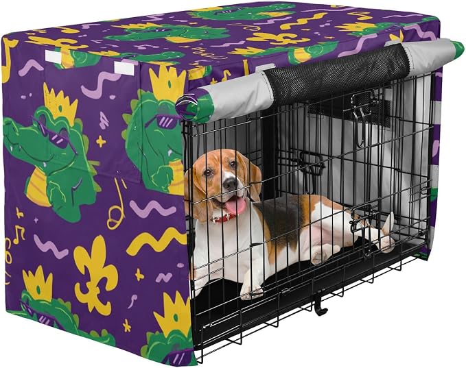 Dog Crate Cover Kennel Cover for Dog Cages Breathable for Wire Cage Indoor Outdoor Purple Mardi Gras Crocodile - Image 2