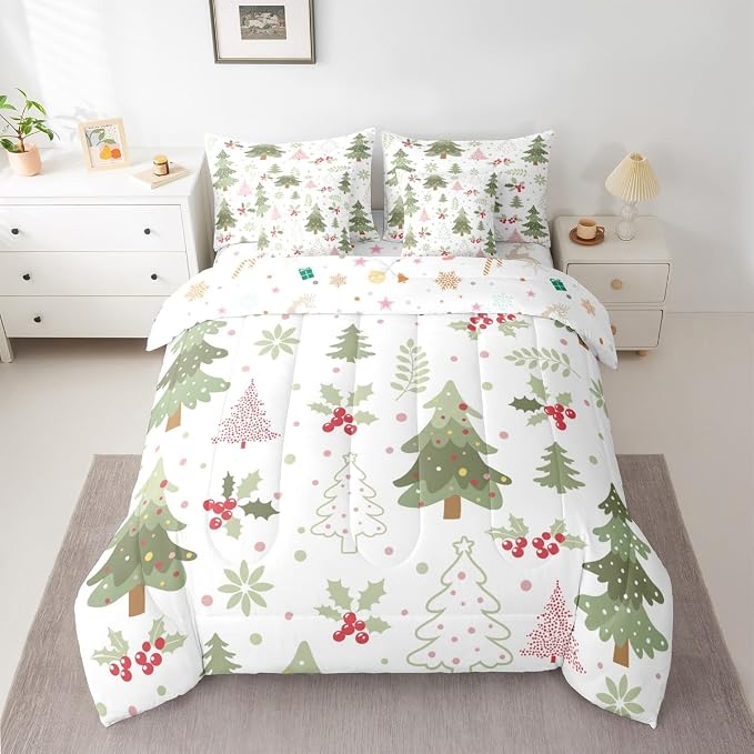 Erosebridal Kids Cartoon Christmas Bed in A Bag 7 Pcs Kawaii Christmas Tree Comforter Set for Women Men Cute Xmas Pine Tree Bedding Sets King Red Berry Xmas Decoration Sheet Set with Comforter - Image 3