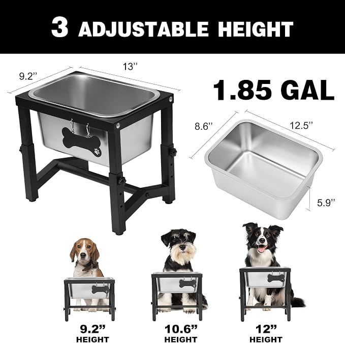 Metal Elevated Dog Bowls – 3 Adjustable Heights (9.2"-12") with 1.85GAL Stainless Bowl, Elevated Dog Bowls Medium/Large Breed, Elevated Dog Water Bowl, Neck & Joint Protection - Image 3