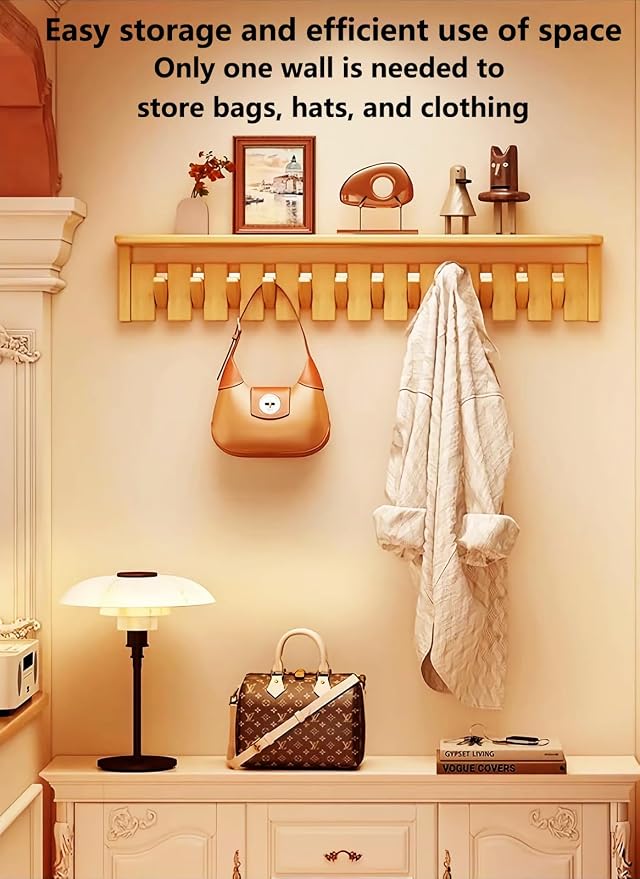 Wall Mounted Coat RackHooks Piano Key Hangers Natural Solid Wood Hanger Non-Woven Fabric Clothes Hangers for Closet, Kitchen, Bedroom, Bathroom, Entryway (Tray-Beech, 6 Hooks) - Image 3
