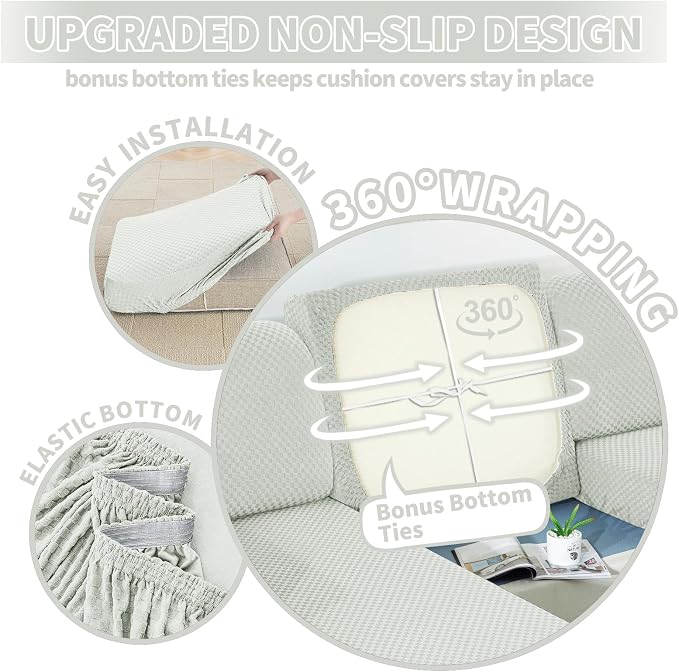 【Clearance】 Stretch Individual Cushion Covers Large Sofa Seat Cushion Slipcovers Soft Couch Cover Replacement Large Checkered Furniture Protector with Elastic Bottom (3 Pcs XL Cushion Covers, Ivory) - Image 4