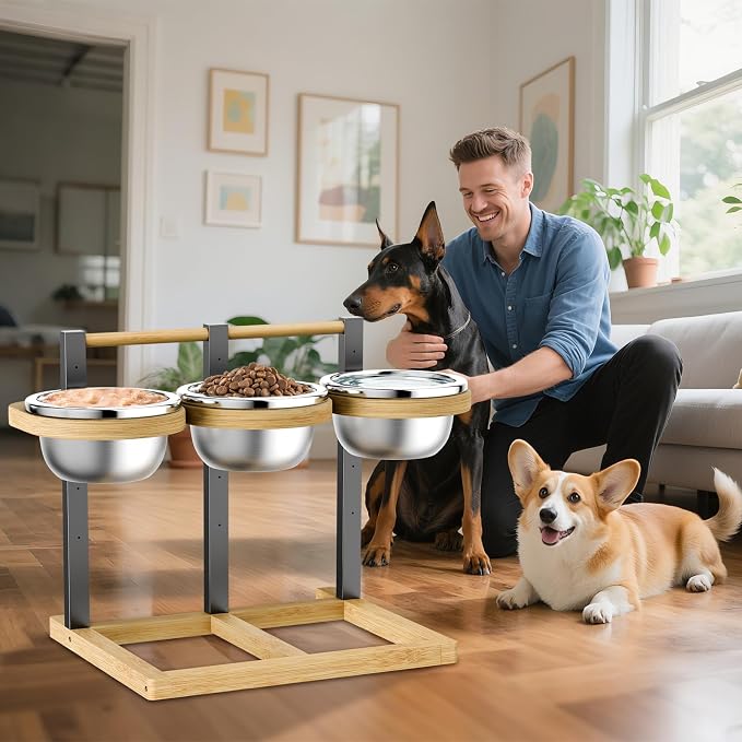 Elevated Dog Bowl,Bamboo Raised Dog Bowl,5-Height | Adjustable Dogs Food Bowls Stand,Dog Feeding Station with 3 Food and Water Bowls for Medium,Large Dogs - Image 6