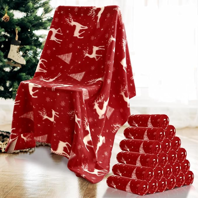 Preboun 24 Pack Bulk Christmas Soft Fleece Blankets 50 x 60 Inch Bulk Lightweight Warm Fleece Throw Blankets for Pet Bed Sofa Couch Office Wedding Gifts Travel (Deer) by Preboun