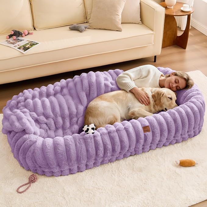 ChiXnuggle Orthopedic Human Dog Bed,Striped Faux Fur Washable Cover,Blanket | purple,72*40*10,giant dog bed for adult or extra large dogs,egg crate foam,non-slip bottom by SnuggleUpPawsDown