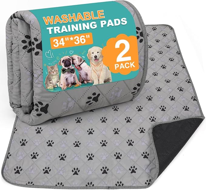 FUWERY Washable Pee Pads for Dogs ,34"X36", Thick Heavy Absorbency Reusable, Prevent Leakage, Non-Slip Pee Pads for Puppy Playpen,Potty Training, Grey, 2 Packs by FURWEY