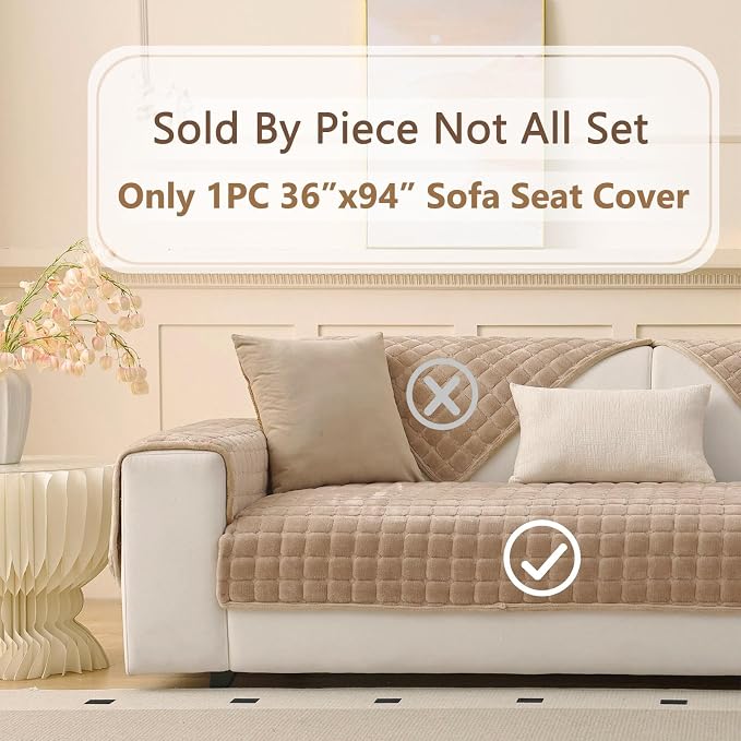 Plush Couch Cover for Dogs Washable, Non Slip Sofa Covers for Pets, Sectional Cushion Protector for 3-4 Cushion L Shape Sofa (36"x94", Khaki) - Image 2