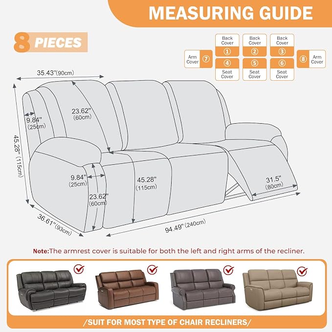 vctops Diamond Recliner Sofa Covers 8-Pieces Stretch Large Couch Covers for 3 Seats Reclining Slipcovers Soft Solid Furniture Protector (White,3 Seat) - Image 2