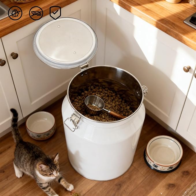 25 Lbs Stainless Steel Dog Food Storage Container with Scoop, Large Metal Dog Food Bin with Airtight Lid & Locking Clamp, Pet Treat Jars for Dogs & Cats, Keep Fresh, White - Image 4