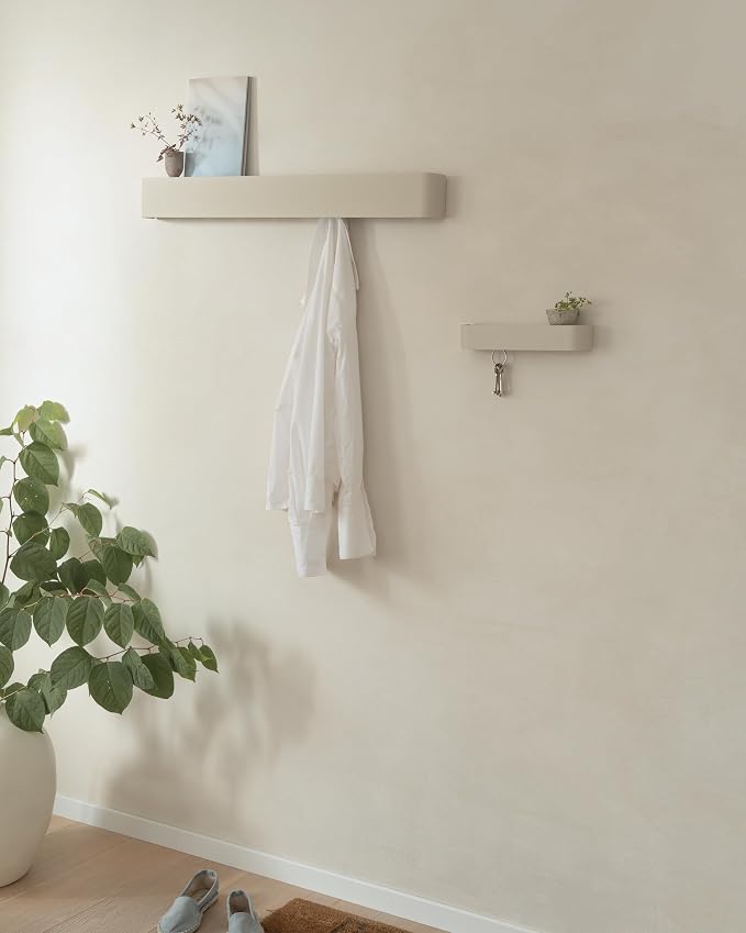 Kazai. Coat Rack Wall Mount with Shelf 'Tone' | Modern Design Coat Hanger with Hidden Hooks and Storage | Hat Rack with Shelf in Metal | Wall-Mounted Purse Organizer | Sand Taupe - Image 4