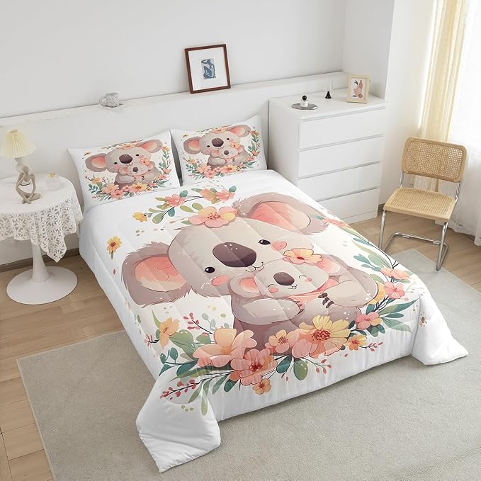 Cartoon Koala Baby Comforter Set Pink Flowers Decor Quilted Duvet, Cute Animal Floral Style Bedding Set for Kids Girls Boys Teens, Microfiber Polyester for Dormitory Bedroom, Queen Size White - Image 3