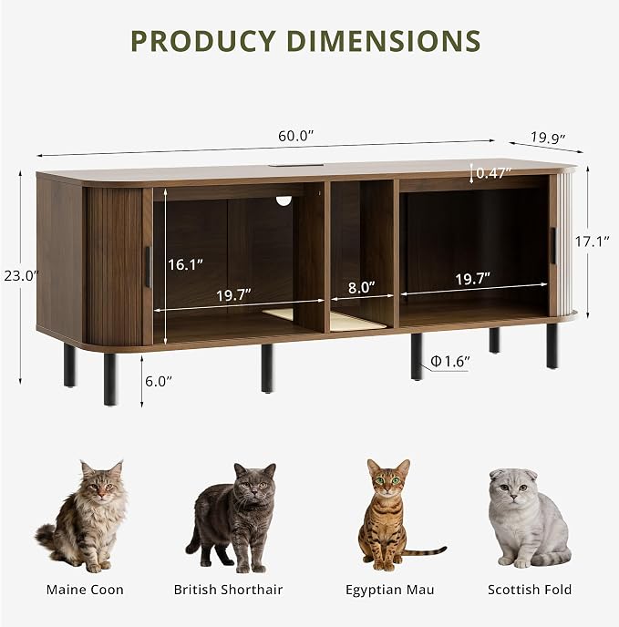IRONCK 60" Double Cat Litter Box Enclosure with Power Outlet | Sliding tambour door. Built-in power outlet. 60" TV stand top. Walnut finish with 4.3" raised base. - Image 2