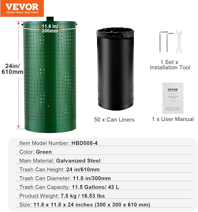 VEVOR Dog Poop Trash Can With 50 Liner Bags, 11.5 Gallons Outdoor Waste Bin With Lid & Liner Clip for Pet Waste Station, Disposal Container for Garden Backyard Park - Image 8