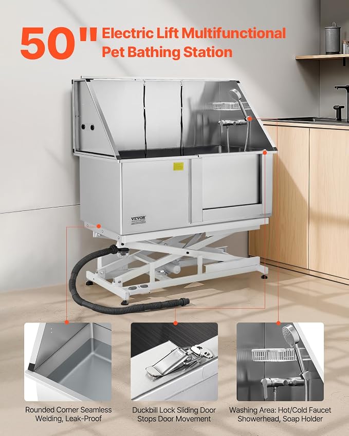 VEVOR Electric Lift Dog Washing Station, 50 inch Professional Stainless Steel Pet Grooming Tub w/PE Water Filter Board, Faucet & Showerhead Dog Bathtub Washing Sink for Multiple Pets (Right Door) - Image 2