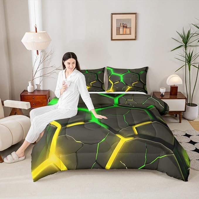 Geometric Honeycomb Comforter Set Queen Size,Abstract Hexagon Patchwork Fashion Bedding Set for Boys Girls Men Room Decor,Yellow Green Neon Modern Down Comforter,Unique Duvet Insert,2 Pillowcases by Homewish