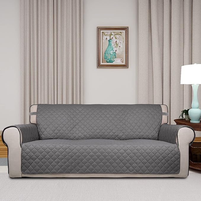 PureFit Reversible Quilted Couch Covers for Dogs Oversized Sofa Cover 78” | Gray/Gray, Water Resistant Couch Protector, Washable Pet Couch Cover with Non Slip and Elastic Straps For Kids - Image 2