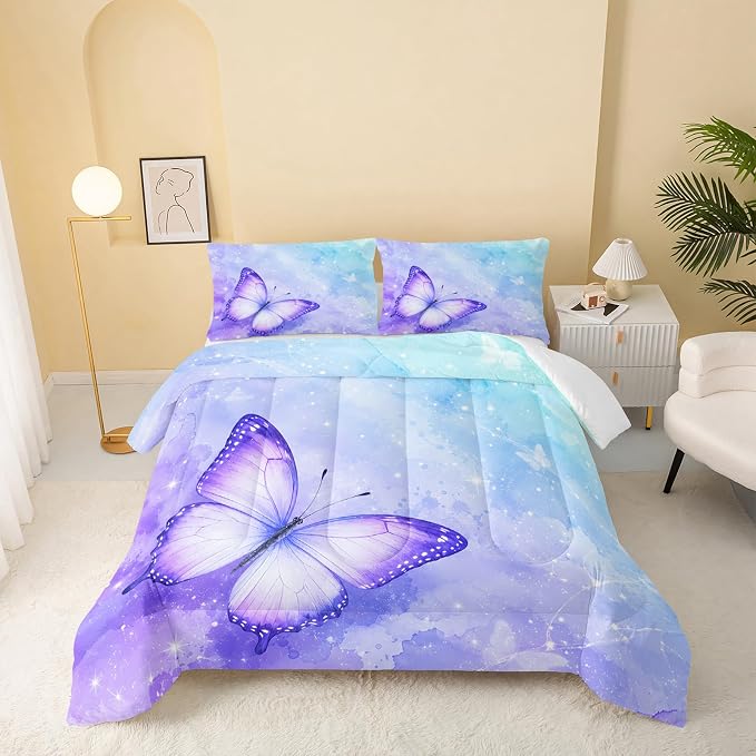 QOOMO Butterfly Comforter Queen Size Set - Watercolor Kids Bedding, 3Pcs With 2 Pillowcases, Down Alternative, Soft and Lightweight for All Seasons by QOOMOHOME